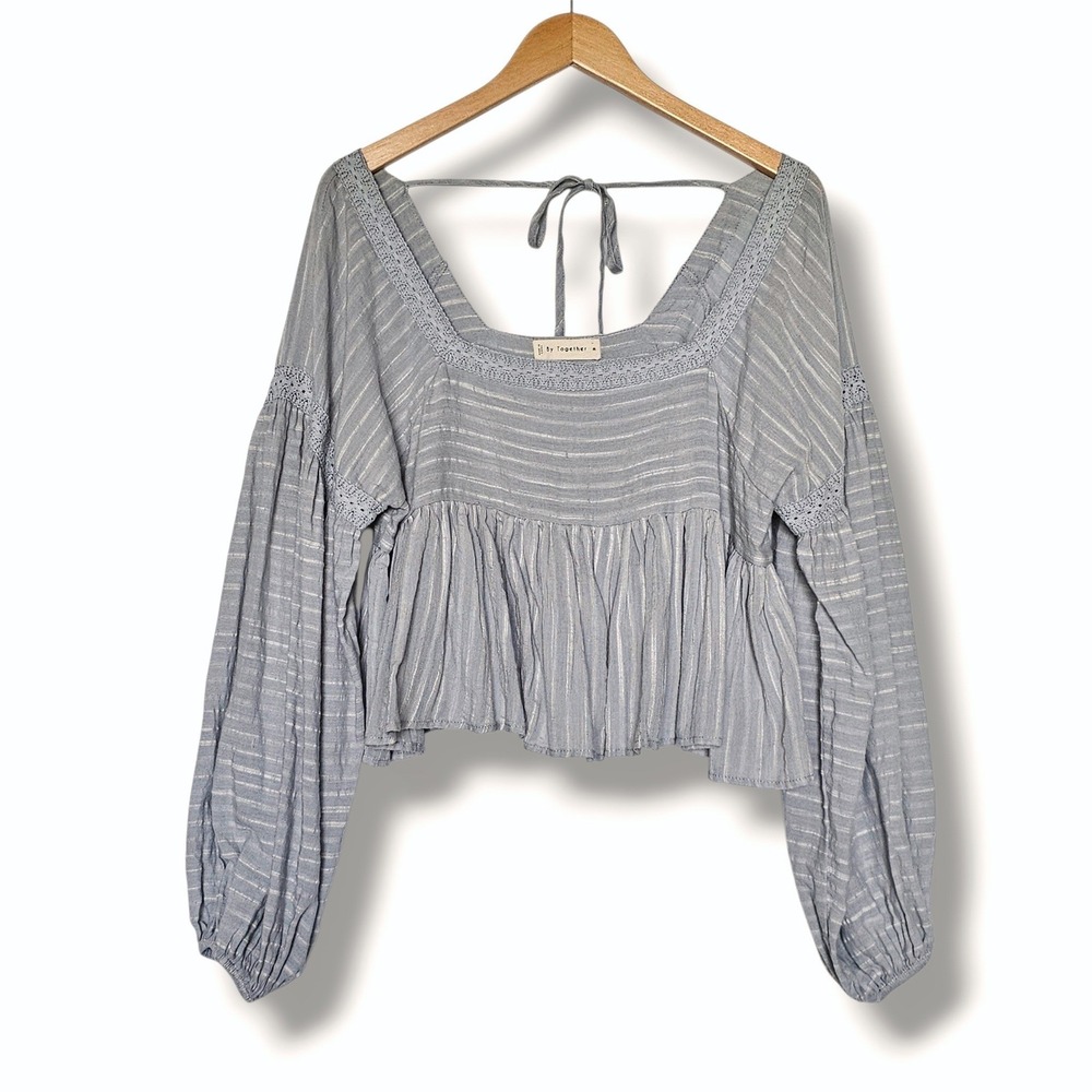 By Together Peasant Top M Womens Green White Striped Boho Crochet Lace Milkmaid